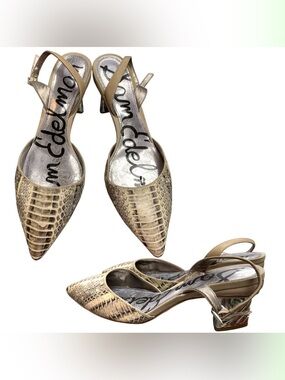 Sam Edelman Gold Textured Pointed-Toe Slingback Heels S8